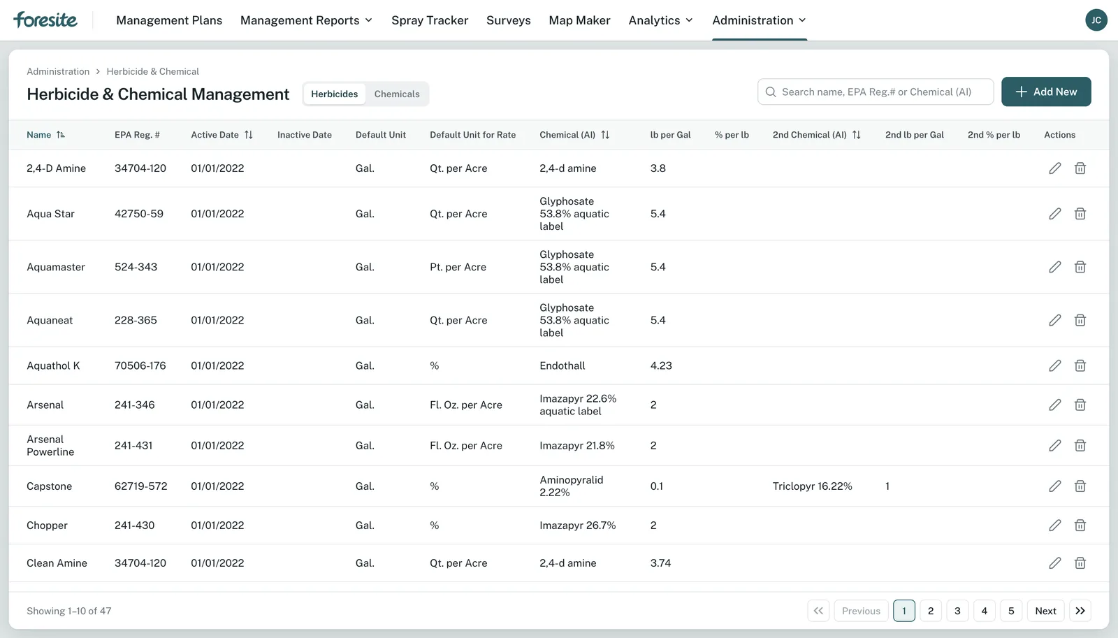 ForeSITE Administration: herbicide and chemical records with EPA registration number, active ingredient, pounds per gallon, and default rate units