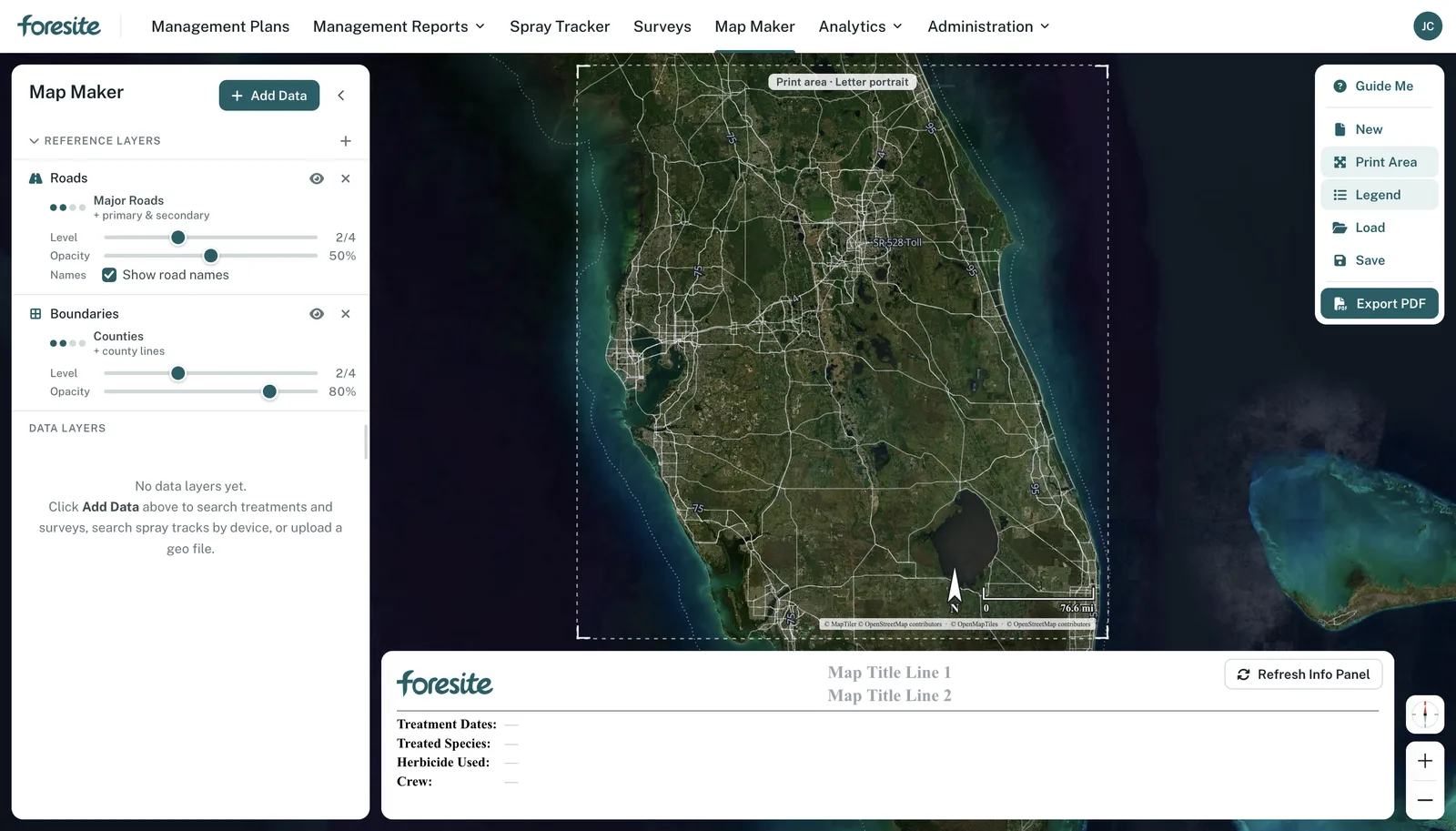 ForeSITE Map Maker: reference layers for roads and county boundaries, a print area over a satellite basemap, and a map title block for the treatment record