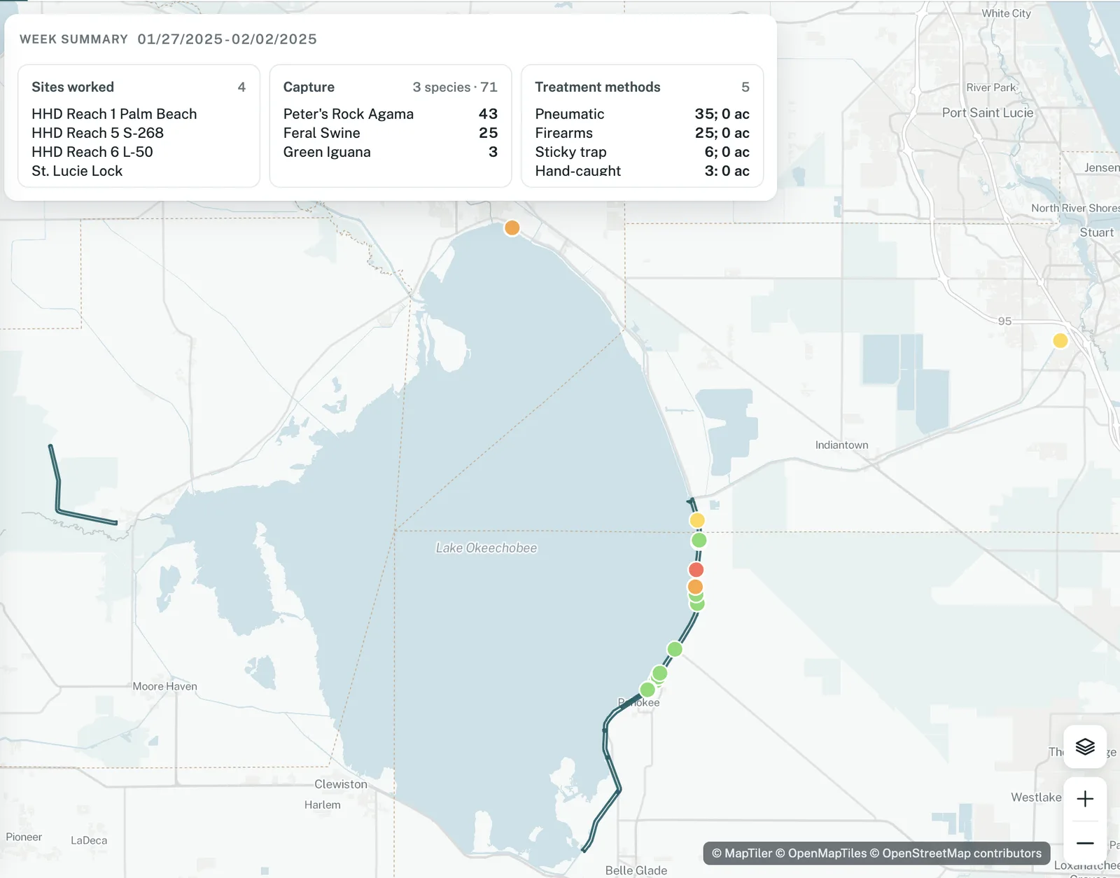 ForeSITE Management Reports: a week summary of sites worked, captures by species, and treatment methods, with each daily report plotted on the map